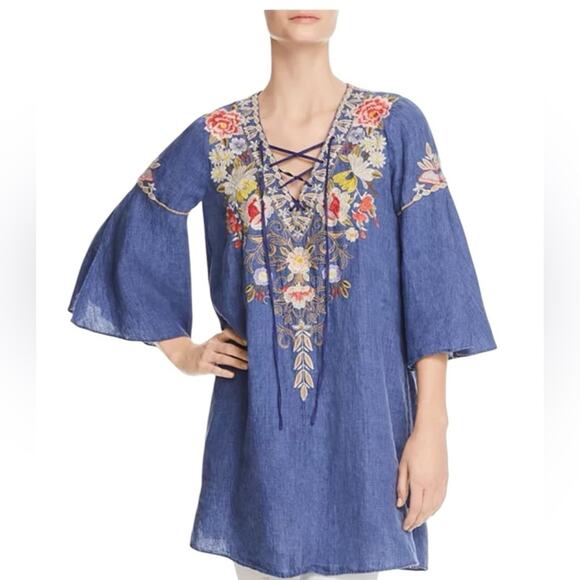 Johnny Was Kitti Embroidered Blue Linen Lace Up Tunic Top Blouse size medium - Picture 1 of 9